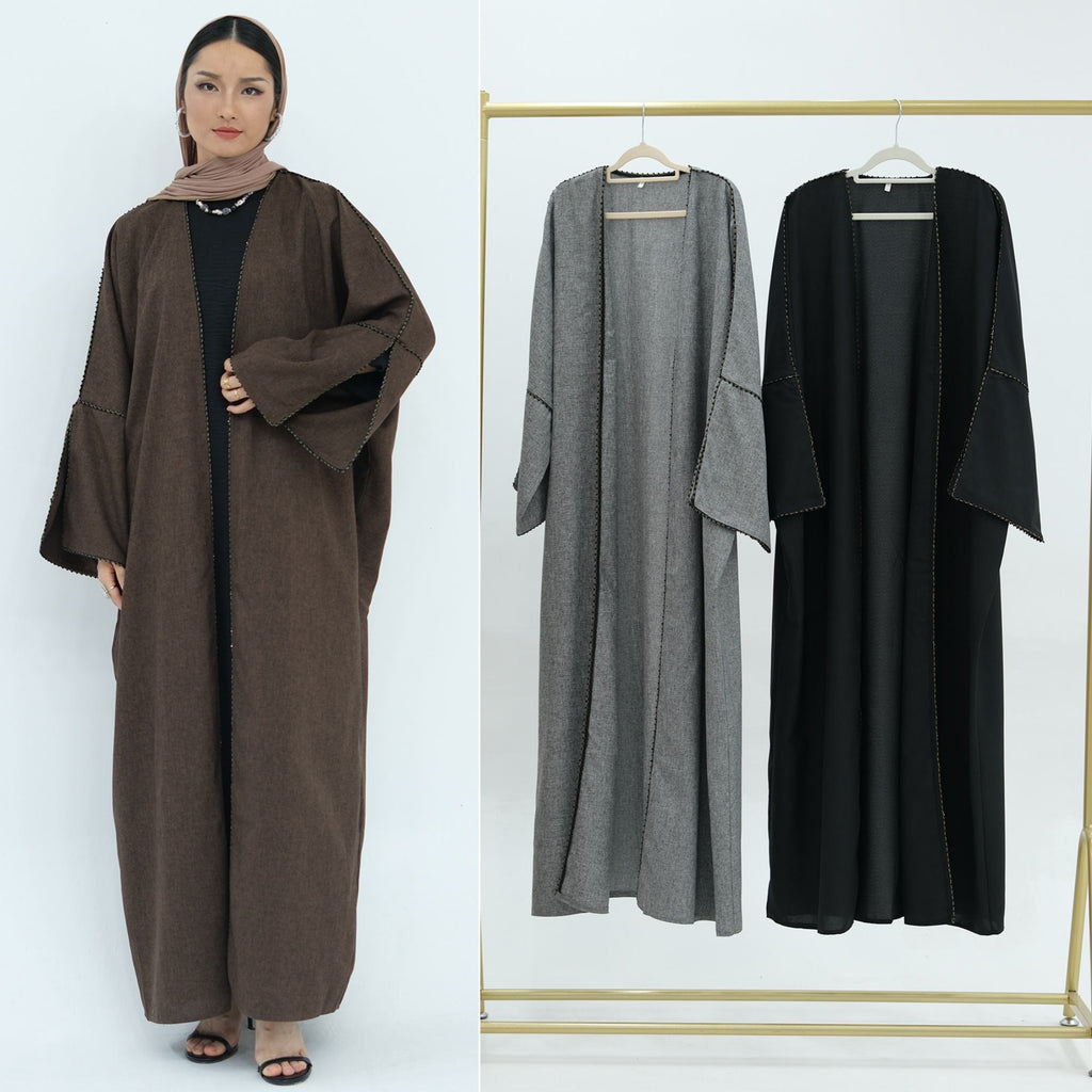 1849# EID Ramadan Modest Dubai Abaya Women Muslim Dress Slit Sleeves Linen Polyester Cardigan Abaya