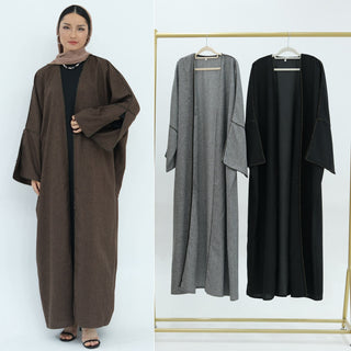 1849# EID Ramadan Modest Dubai Abaya Women Muslim Dress Slit Sleeves Linen Polyester Cardigan Abaya