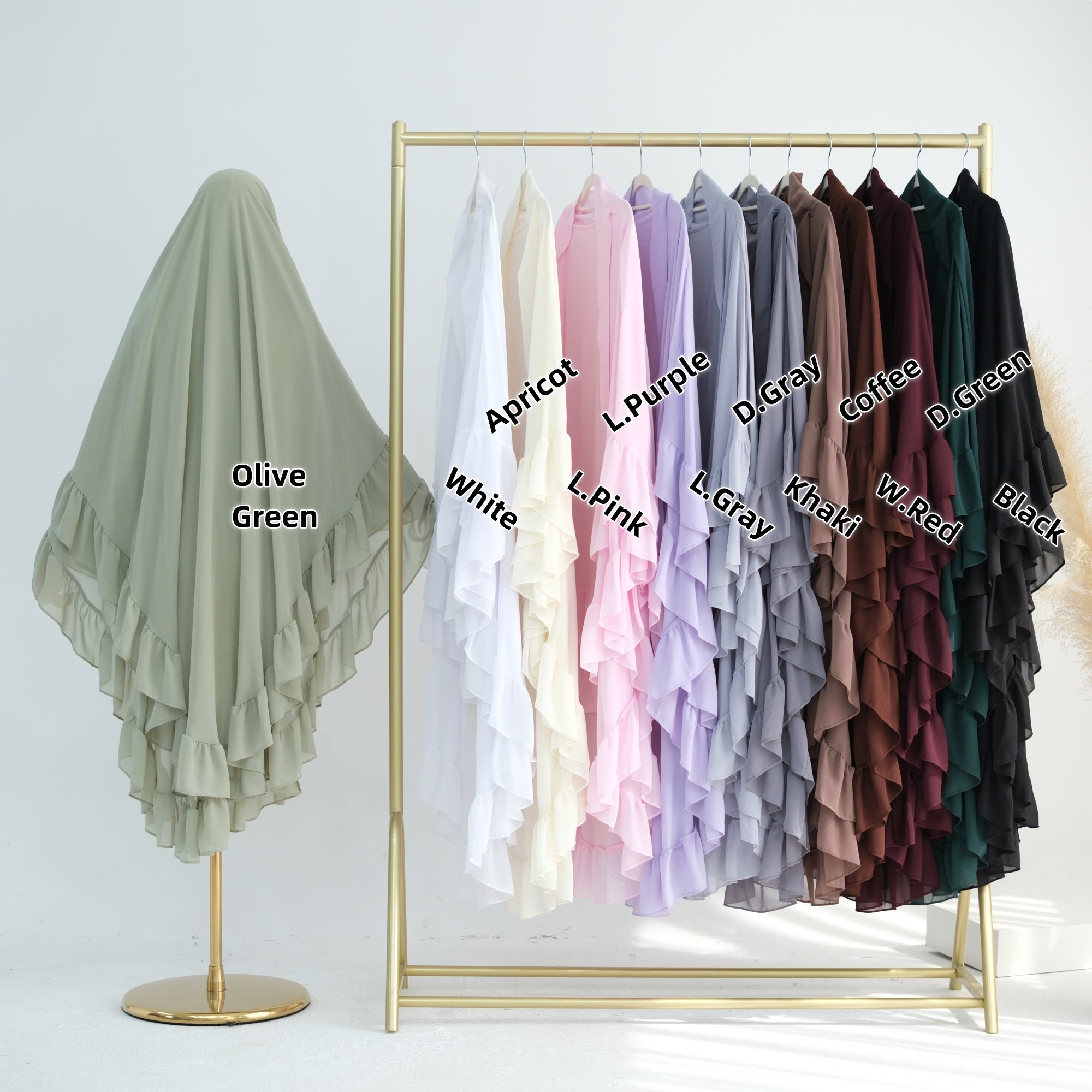 1926#Two Layers Ruffles Khimar Chiffon Muslim Women New Hijab Long Scarf Ramadan Jilbabs