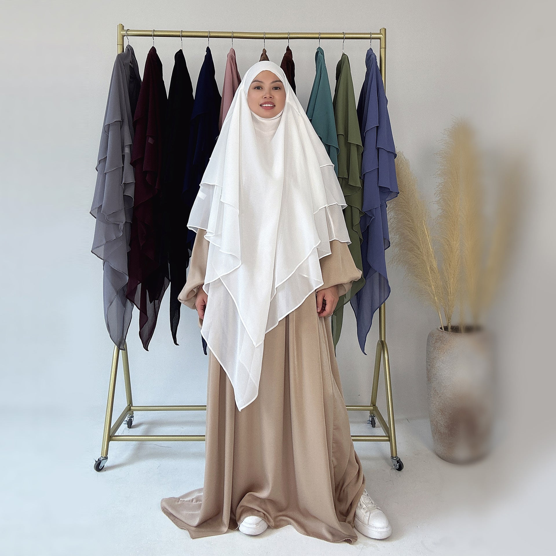 1909#Three Layered Flowy Women Muslim Long Hijab Top Jilbab_ Chiffon Khimar