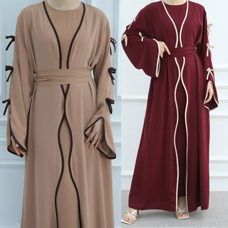 1962#Abaya Cardigan for Women Dubai Islamic Clothing with Nida Wave Bowknot Open Design for Summer Abaya