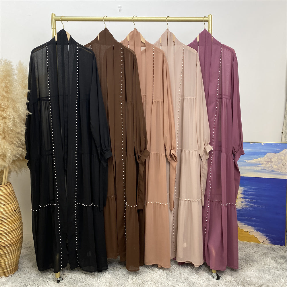 1964#Chiffon open abaya with white pearls tie belt long sleeves dubai abayas 5 colors 的副本