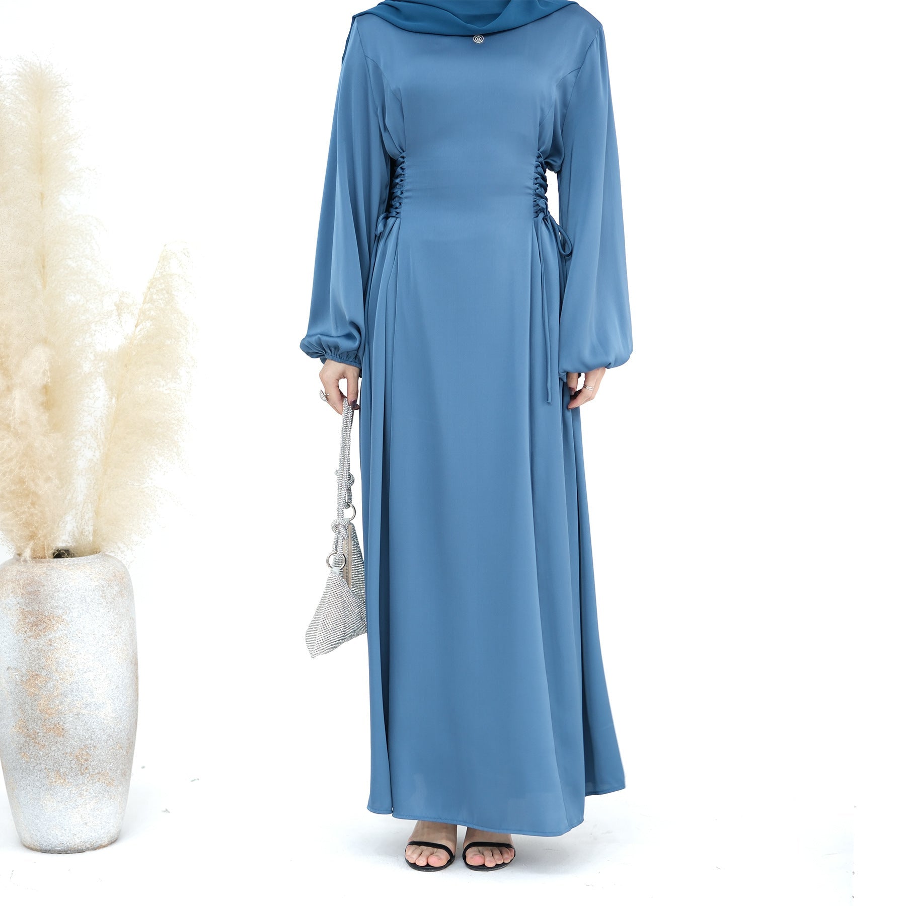 1702#2024 New Modest Dresses Satin Casual Dresses Abaya Women Muslim Dress Ramadan 的副本