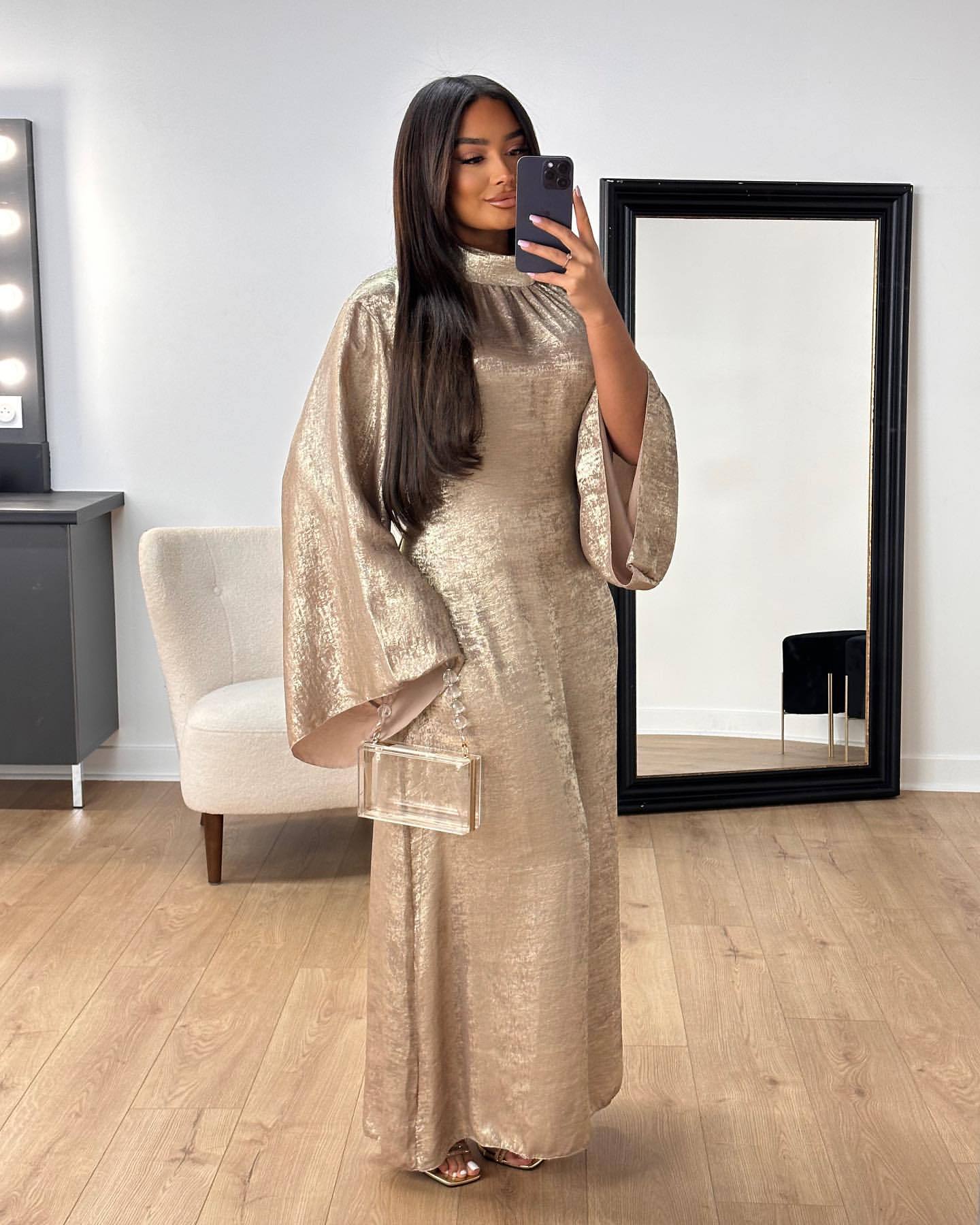 1777#New Modest Muslim Dress Long Sleeve Shinny Polyester Fashion Dubai Abaya Women Dress Elegant Islamic Clothing