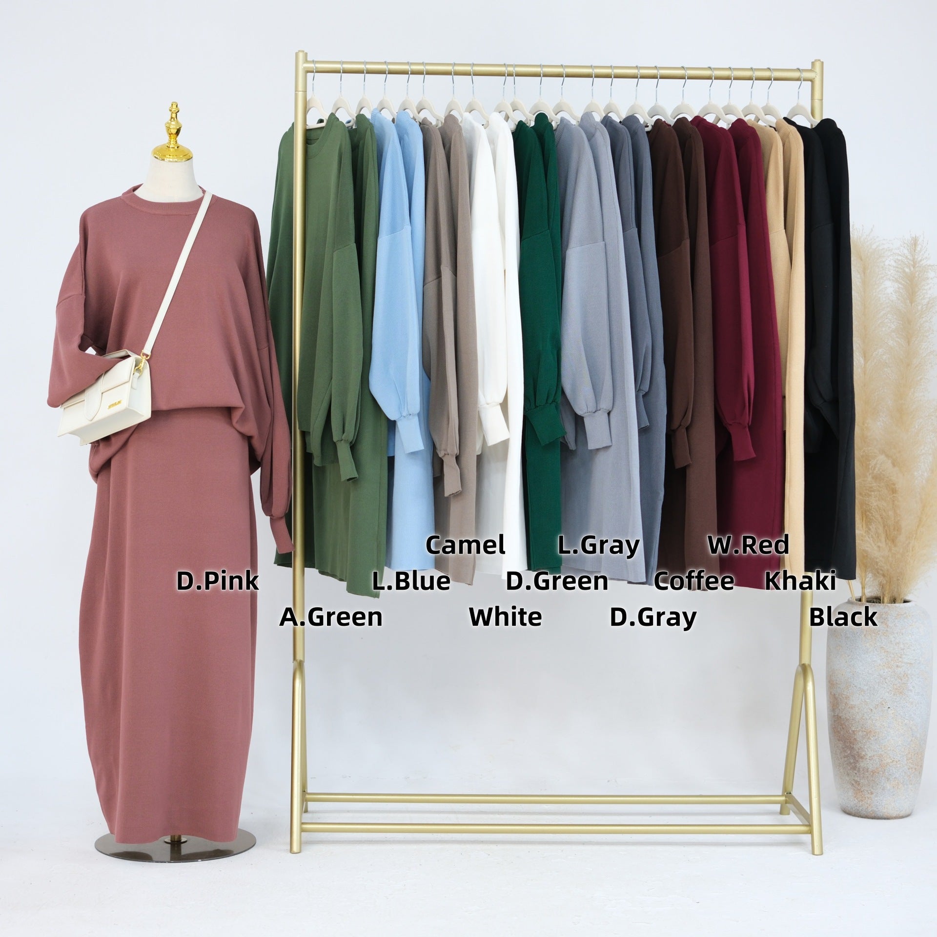 1928#Knit Fabric Solid Color Women's Dress Islamic Clothing Sweater Skirt Set 2pcs Winter Set Abaya