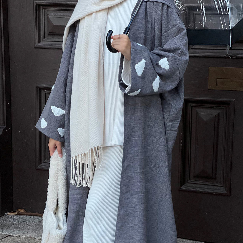 1731#New Arrival Linen Abaya Solid Color with Cloud Plain Abaya  Islamic Clothing Abaya