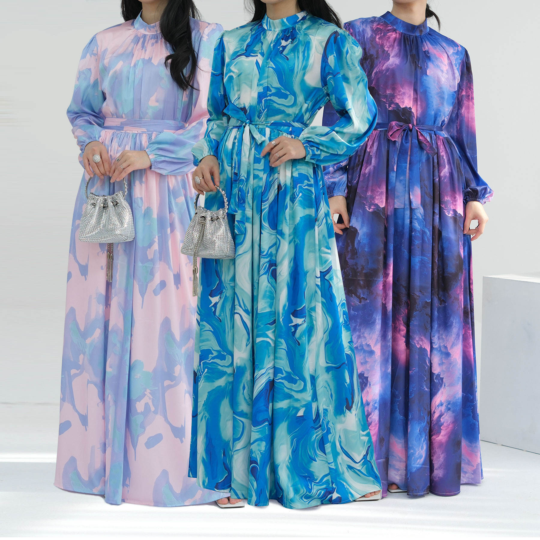 1723#New Style Printed Dress Muslim Ladies Abaya Summer Polyester Floral Dress