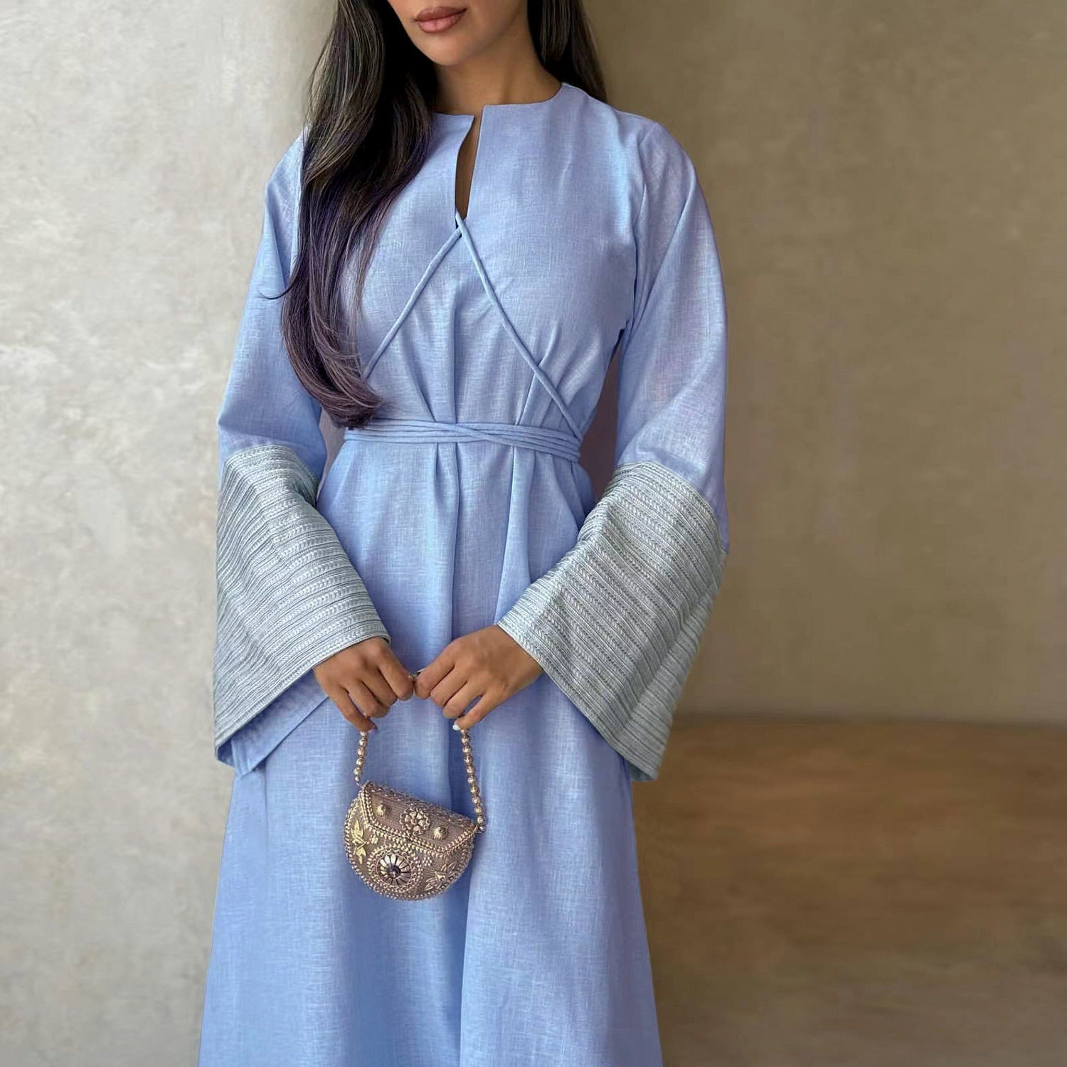 Daily Wear Linen Modest Dresses V Neck Embroidery Sleeves Abaya Women Muslim Dress