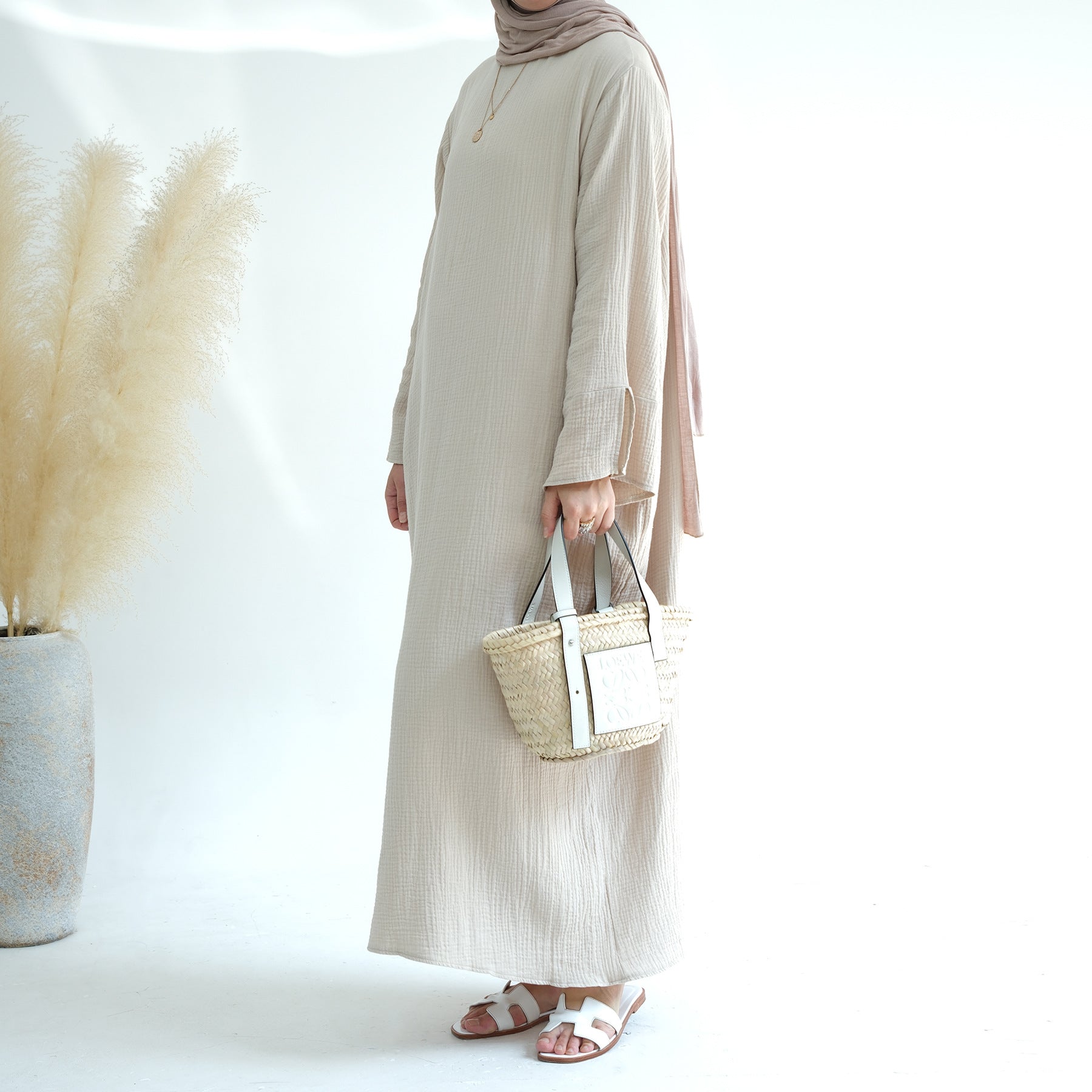 1656#Plain Dress Long Sleeves Women's Cotton Dress with Pockets New Design Abaya