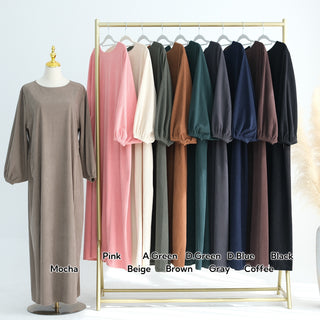 1919#New Winter Abaya Round Neck Balloon Sleeves Solid Color Cordury Closed Abaya Women Dresses