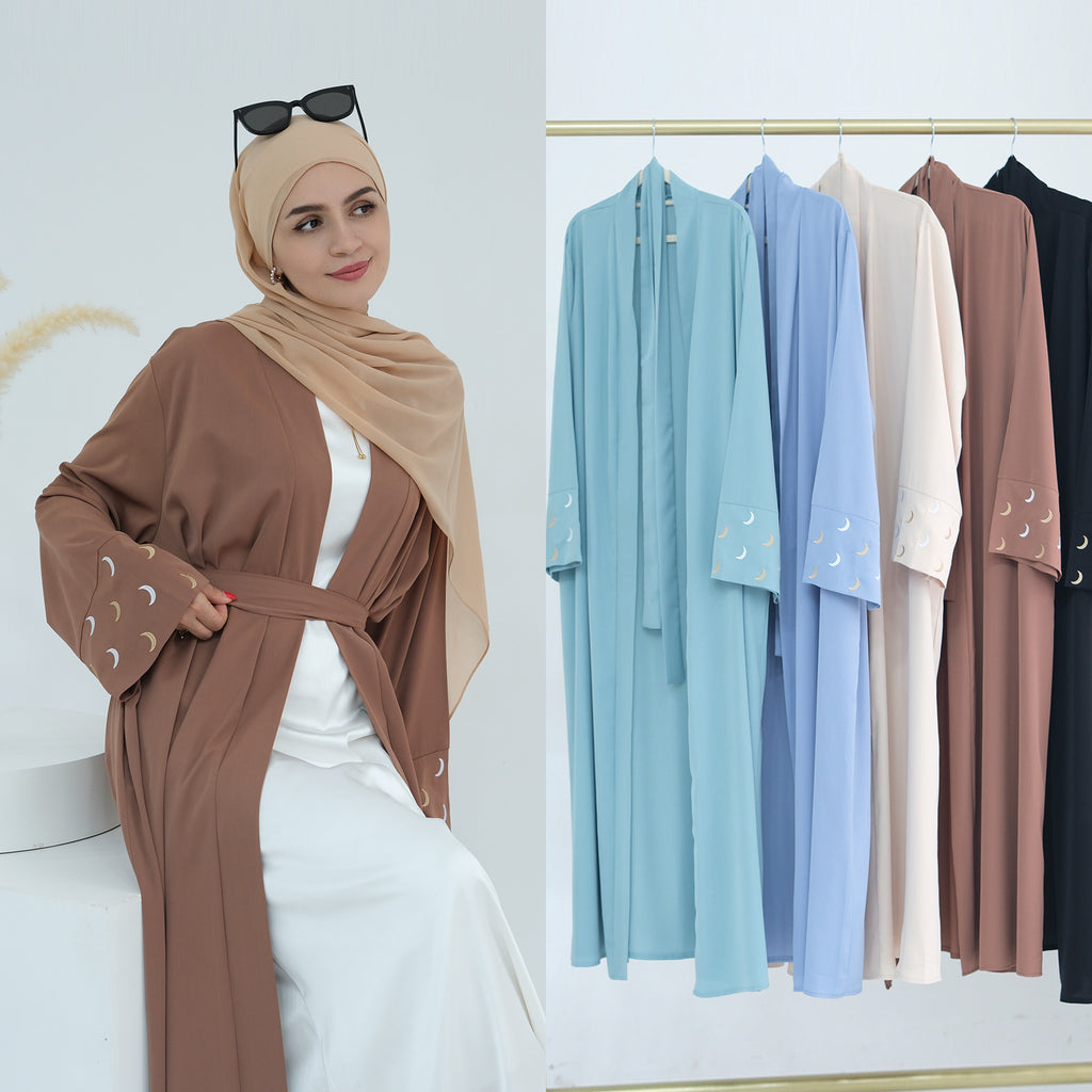 1785#New Arrival Cardigan Muslim Women's Dresses Moon Embroidery EID Linen Abaya