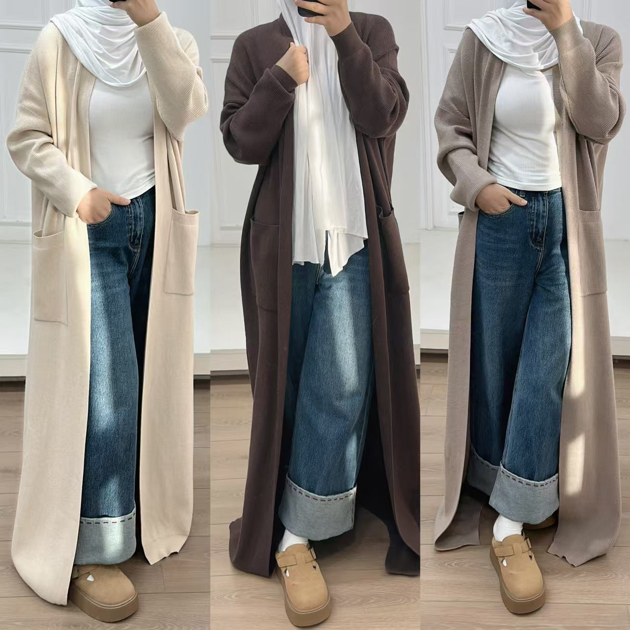1906#Open Front Abaya with Pocket Thick Islamic Clothing Winter Cardigan Dress EID Ramadan Muslim Knitted Abaya
