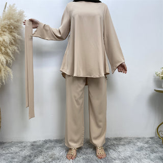 2272# Solid color popular office sets long sleeve blouse loose wide leg pant 2 pieces sets