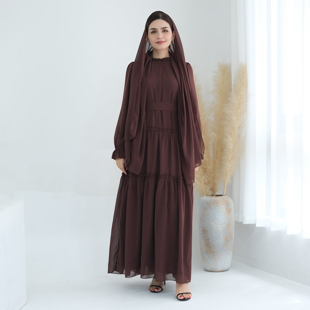 1754#2024 Solid Color Layered Chiffon Elegant Dress with Front Buttons and Lining