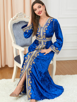 3272#Winter Gold Velvet Embroidery Maxi Long Dress Muslim Islamic Clothing