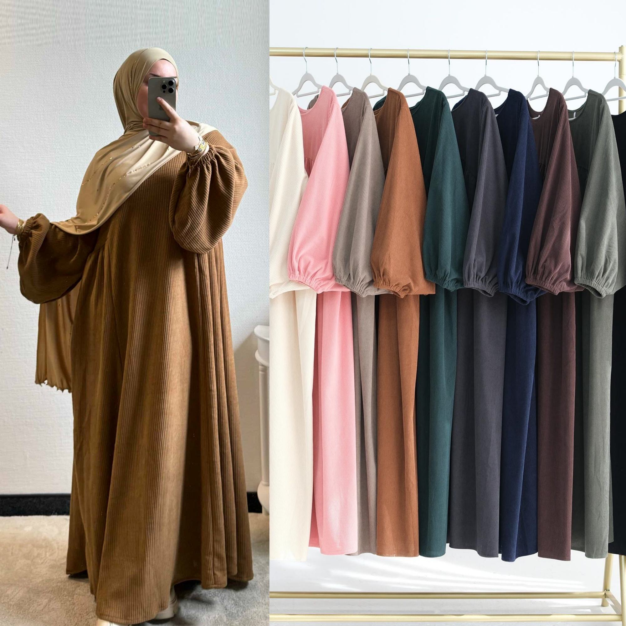 1919#New Winter Abaya Round Neck Balloon Sleeves Solid Color Cordury Closed Abaya Women Dresses