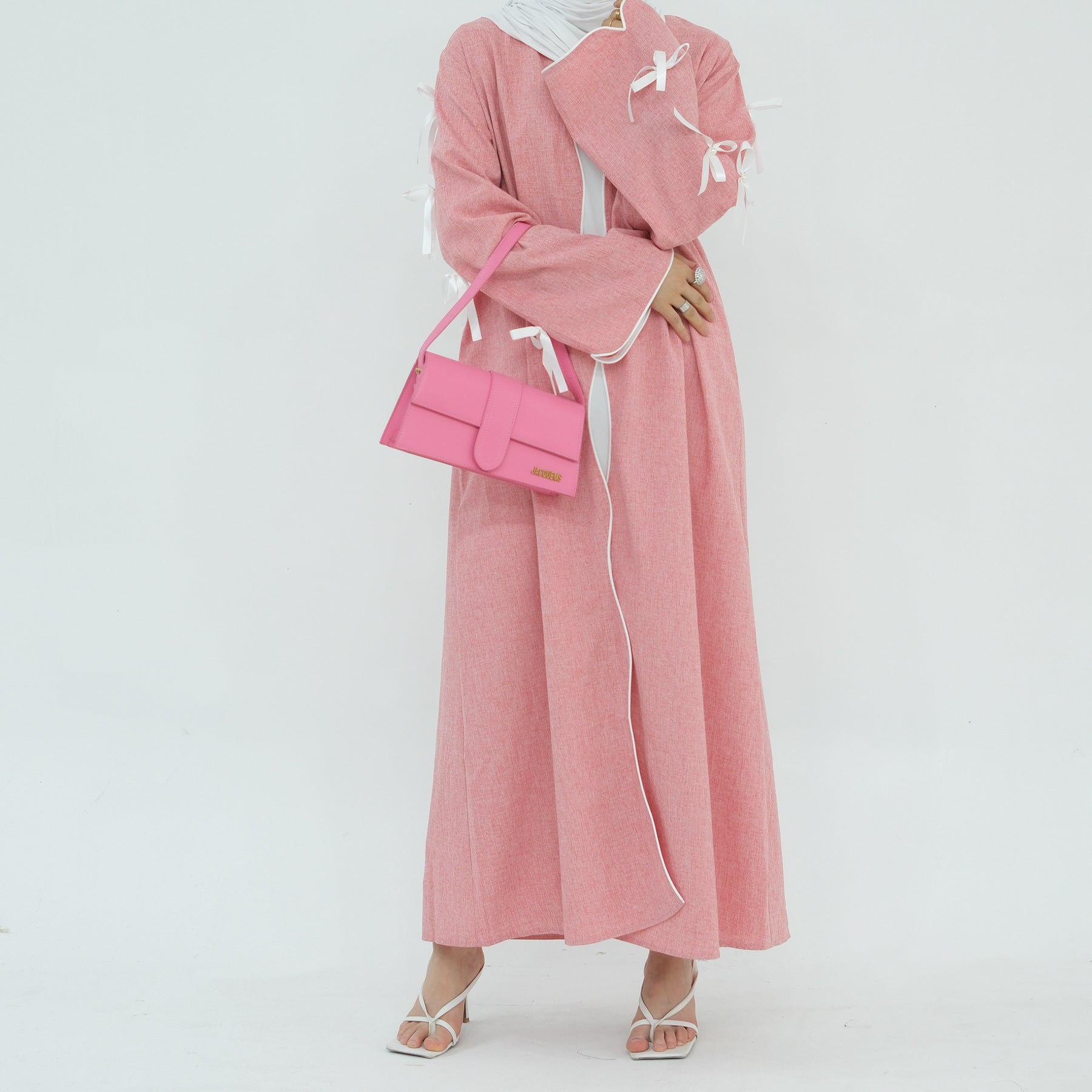 1800#Linen New Arrival Islamic Clothing Cardigan Open abaya With Bowknots Women's Clothing Abaya Women Muslim Dress