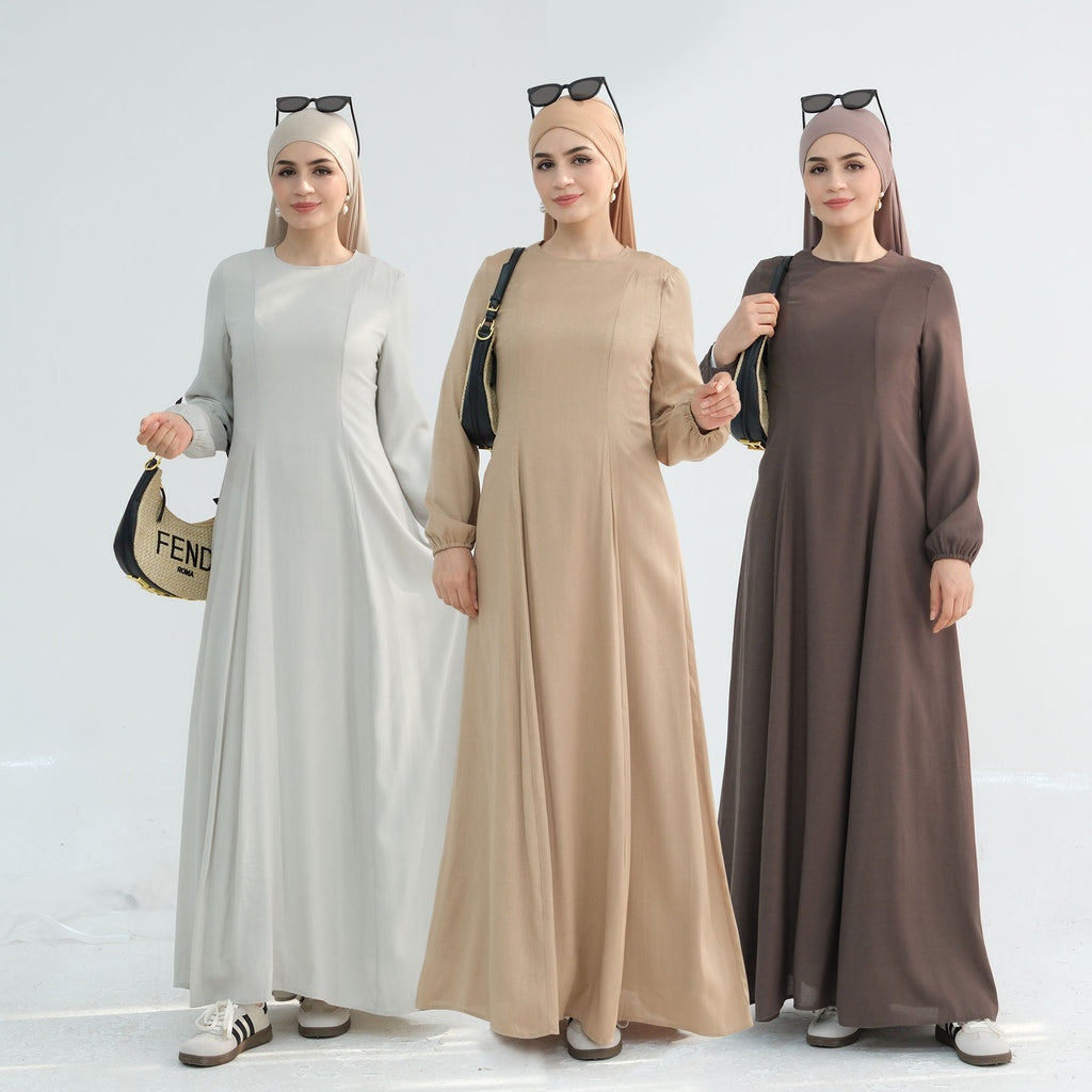 1932# 2025 Islamic Clothing Linen Women Maxi Dress Balloon Sleeve Big Hem Modest Abaya Women Muslim Dress
