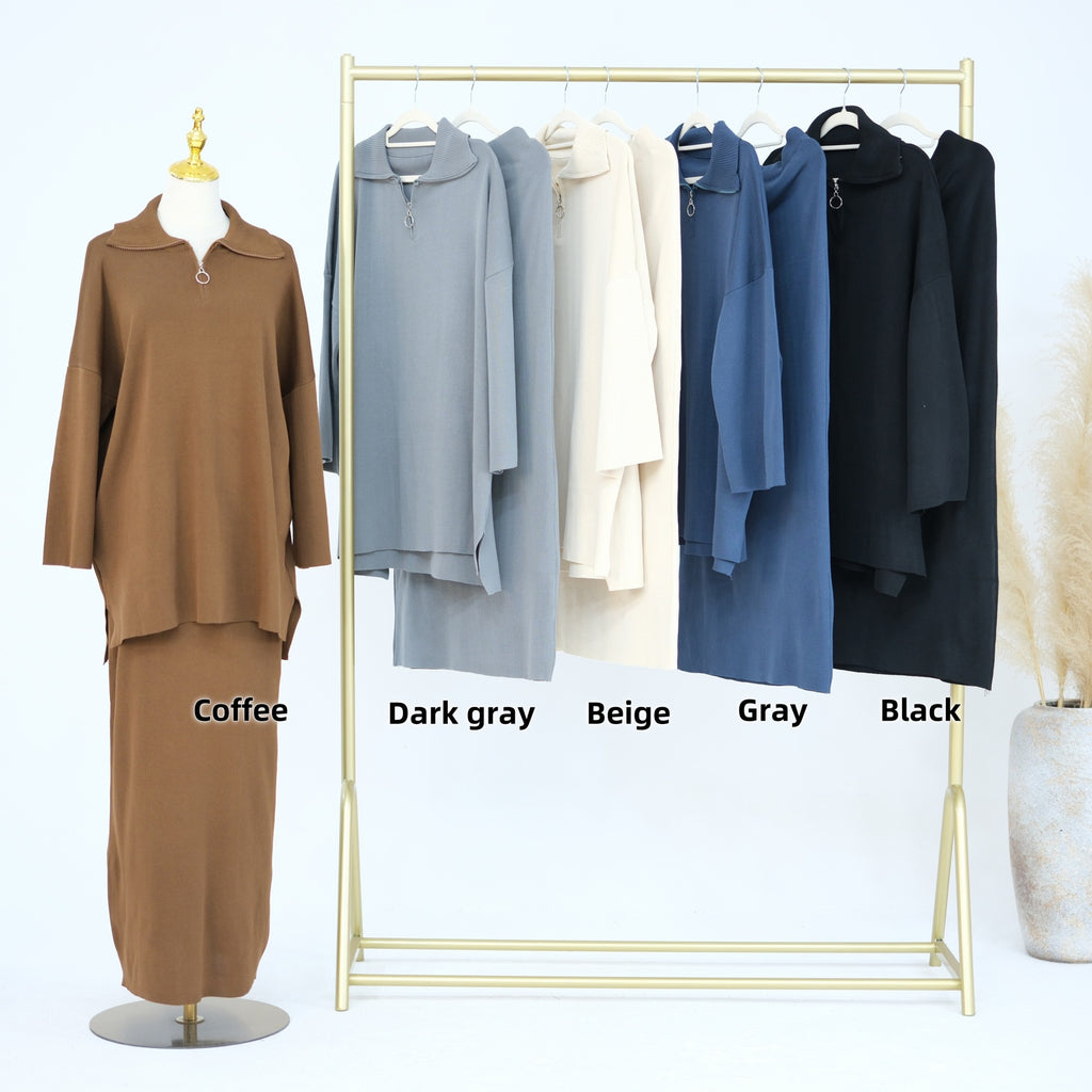 1929#Half Zipper Drop Shoulder Sweater Knit Muslim Women Two Pieces Set Oversized Tops Casual Fall Skirt Abaya Set