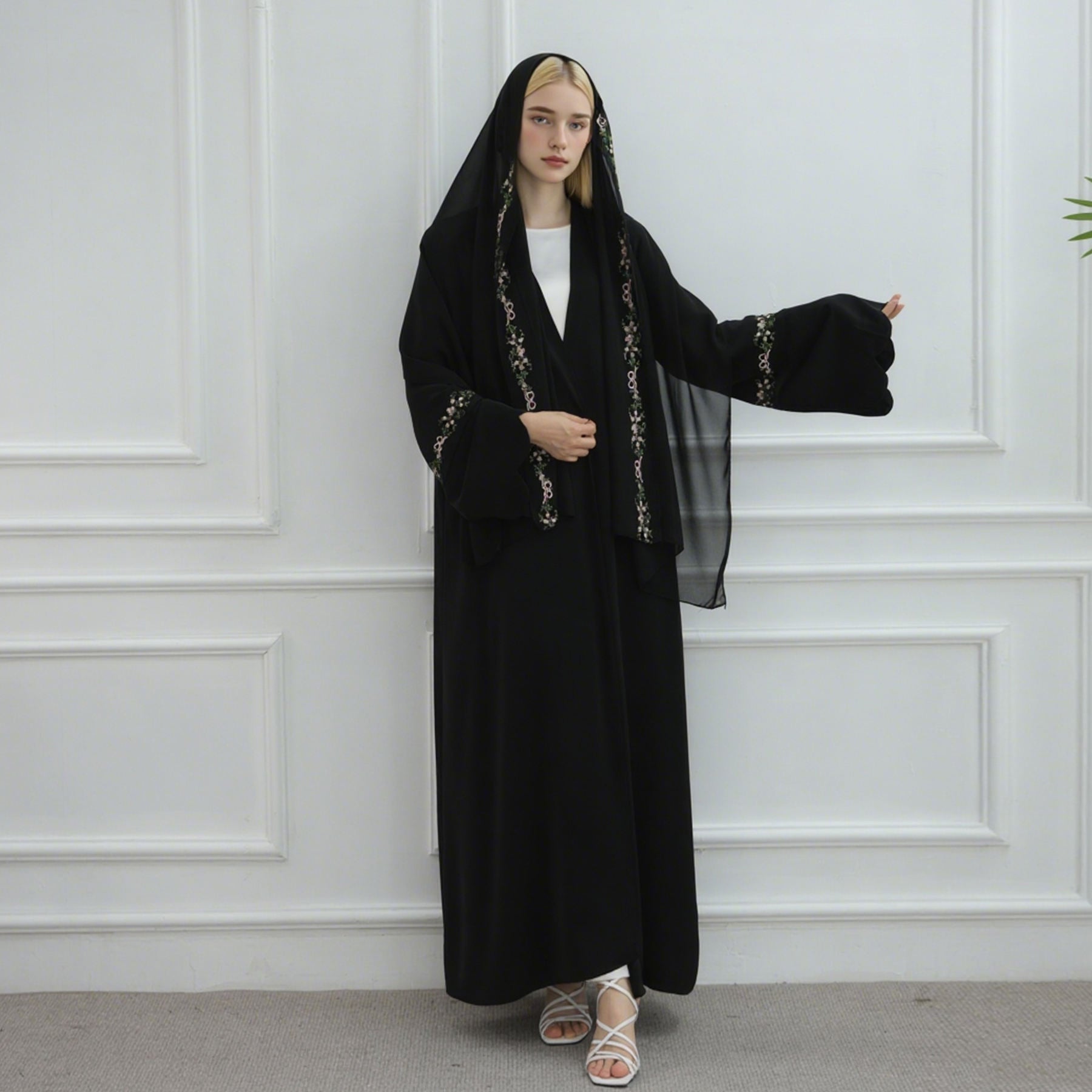 1068#Top Abaya Manufacturers Islamic Clothing Dubai Abaya and Hijab Embroidery Sleeves 2pcs Set Summer Modest Open Abaya