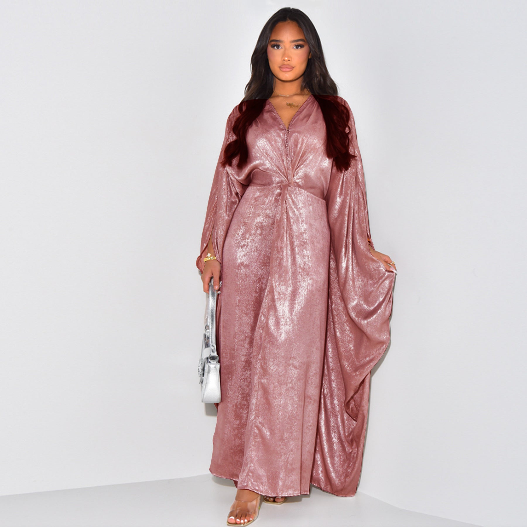 1824#New Modest Shinny Fabric Butterfly Plus Size Womens Dresses Party Wear Evening Ladies Abaya