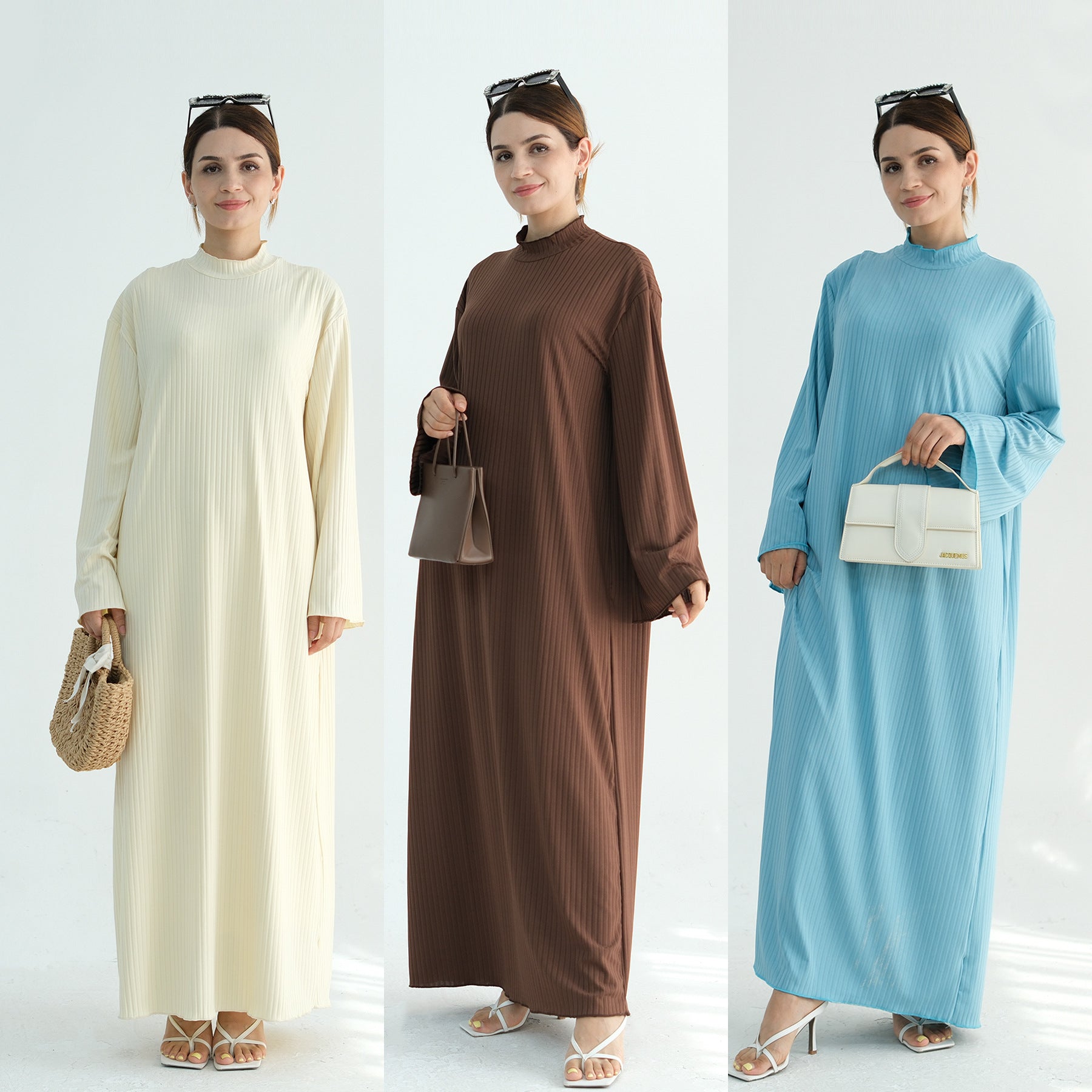 1905#High Neck Simple Daily Wear Plain Modest Abaya Women Muslim Dress Long Sleeve Slip Dress