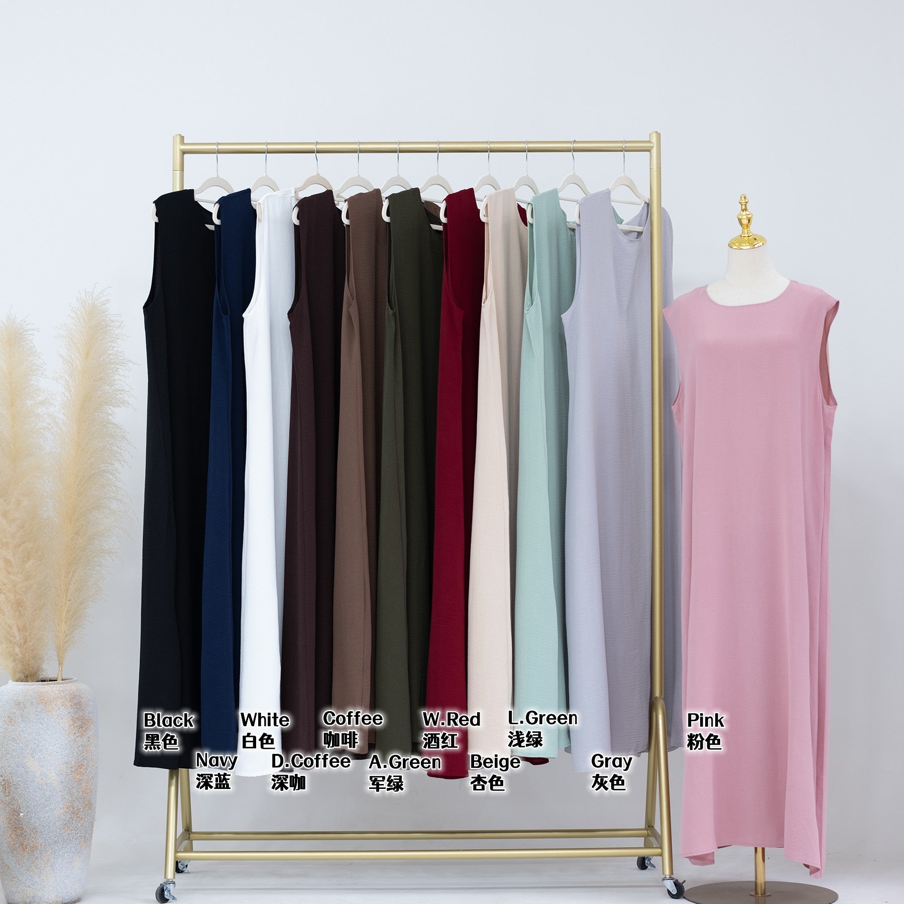 1480-1#Wrinkle Polyester Sleeveless Inner Dress Islamic Clothing Women's Dresses