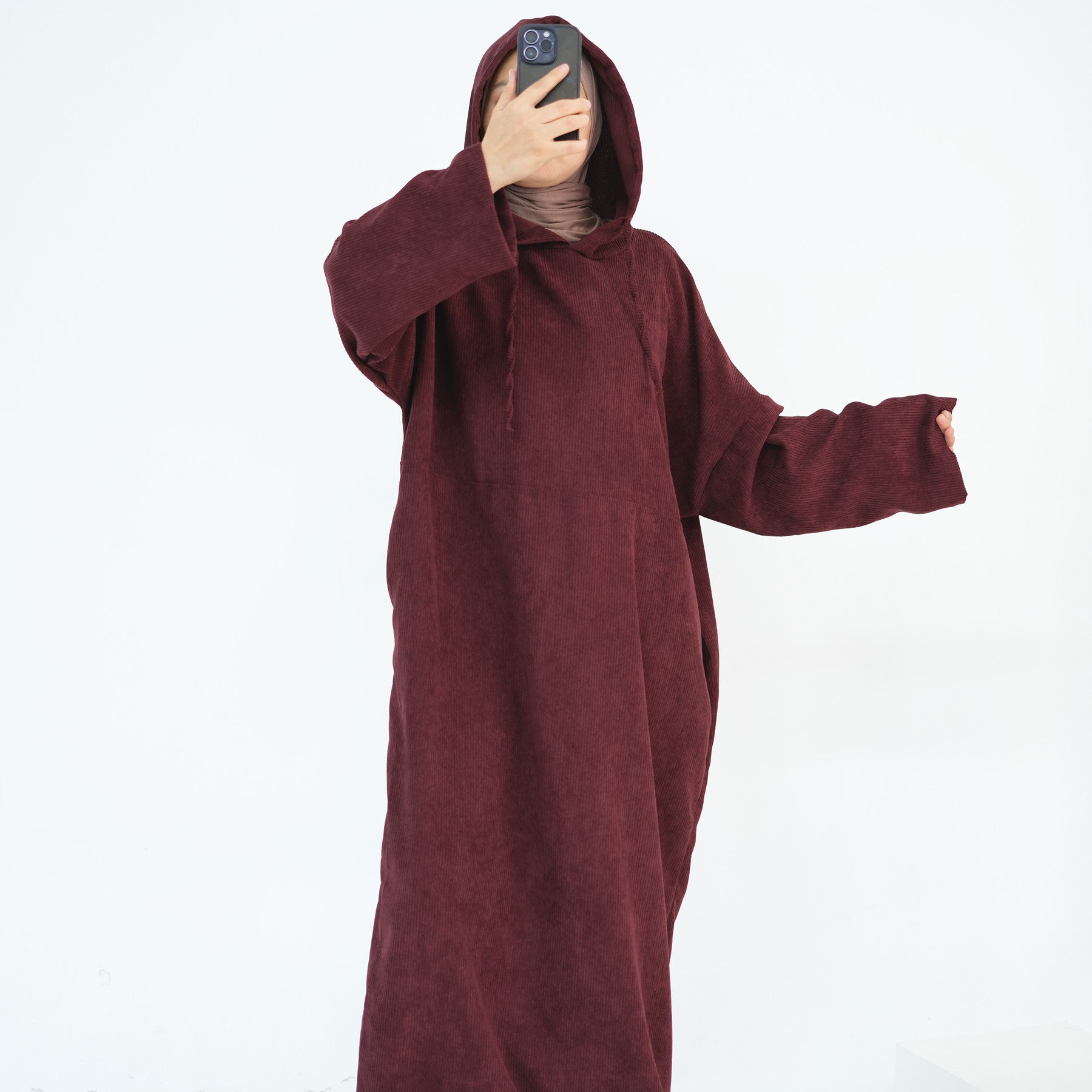 1890#Casual Cordury Hoodie Abaya Loose  Muslim Women Dress with Pockets Daily Wear Winter Abaya