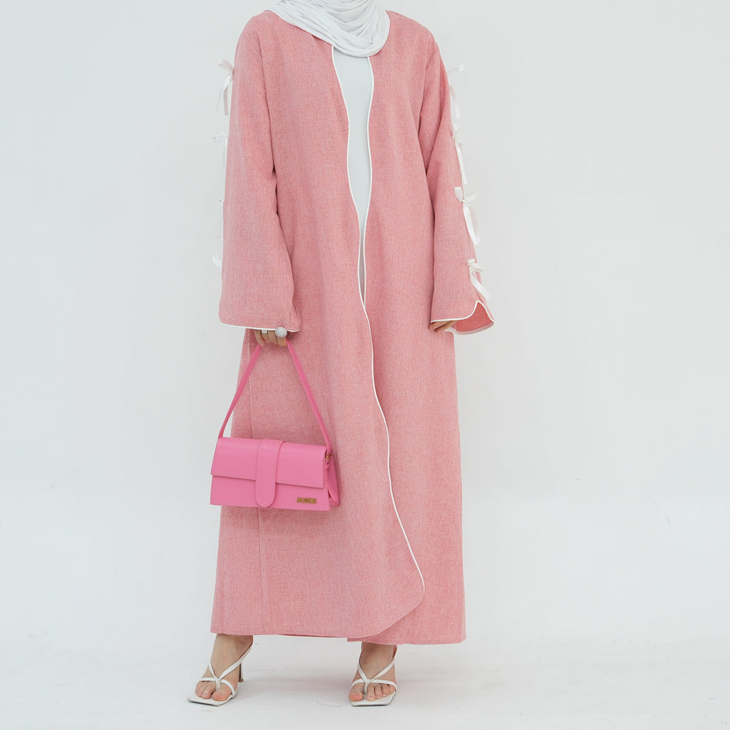 1800#Linen New Arrival Islamic Clothing Cardigan Open abaya With Bowknots Women's Clothing Abaya Women Muslim Dress
