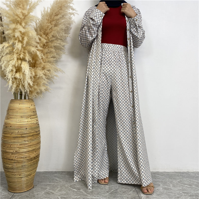 6674# New fashion set full button pocket pant muslim women 2pcs abaya sets