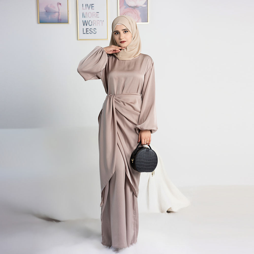 1590# 2pc Satin Abaya wrap skirt set islamic clothing modest women muslim dresses