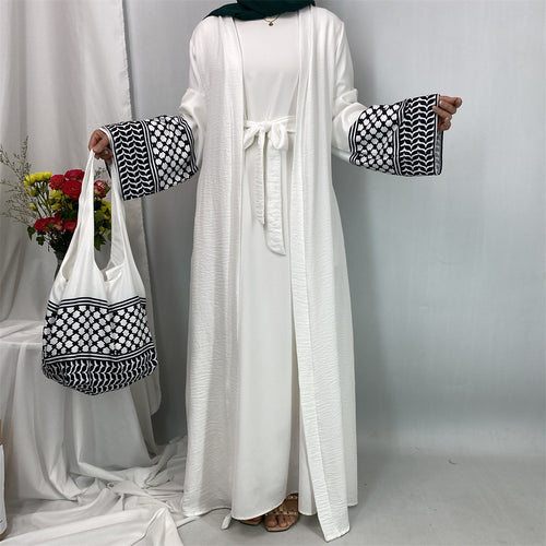 1452#Hot Seller Palestine-Inspired Printed Soft Linen Keffiyeh Open Abaya Wholesale With Crossbody Bag