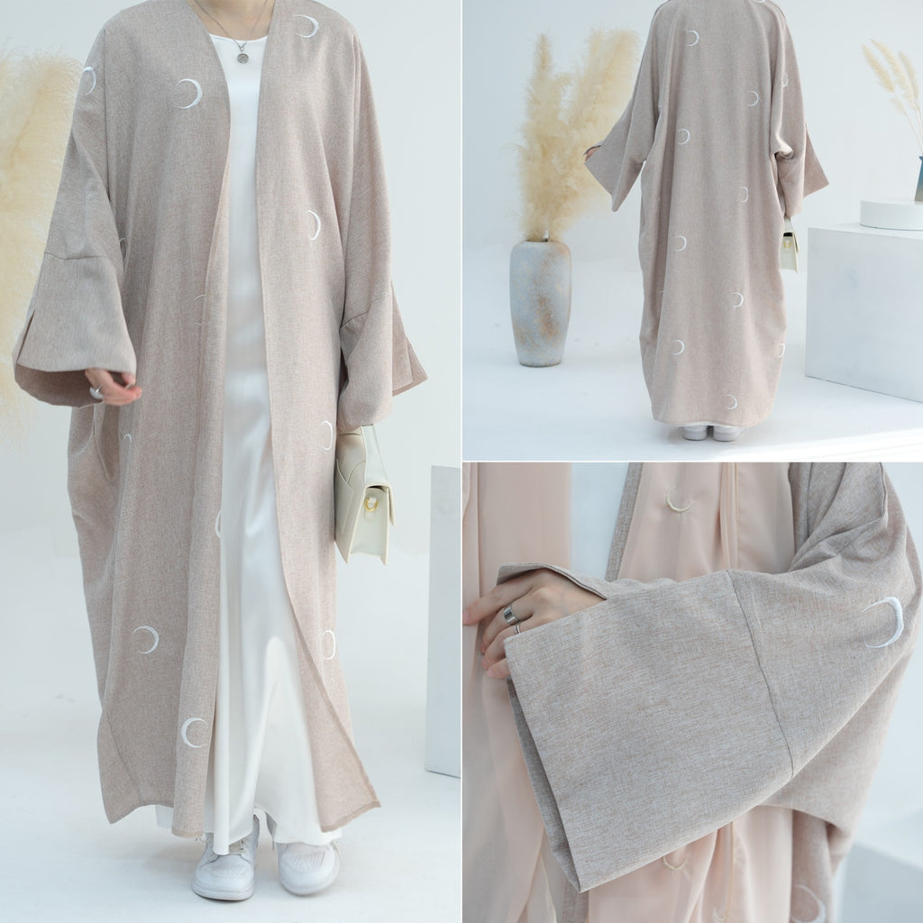 1700#Latest Muslim Women Moon Embroidery Open Abaya Islamic Clothing Dress