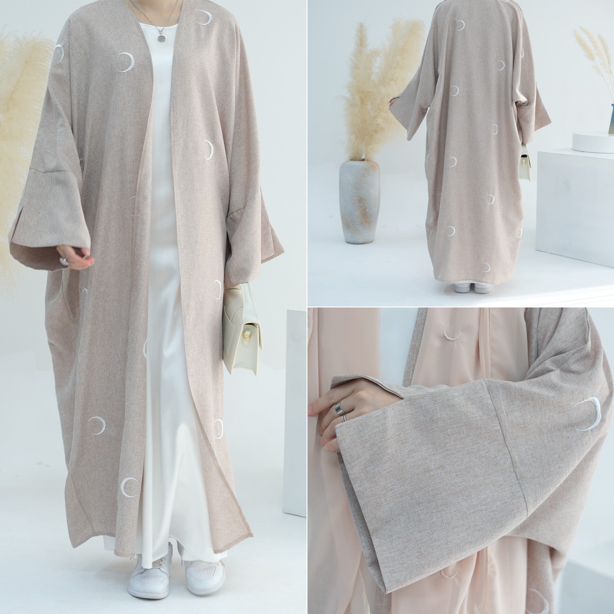 1700#Latest Muslim Women Moon Embroidery Open Abaya Islamic Clothing Dress