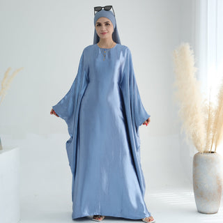 1774#Hot Selling Fashion Elegant Satin Dubai Kaftan Dresses with Tie Belt Butterfly Abaya