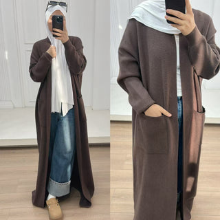 1906#Open Front Abaya with Pocket Thick Islamic Clothing Winter Cardigan Dress EID Ramadan Muslim Knitted Abaya