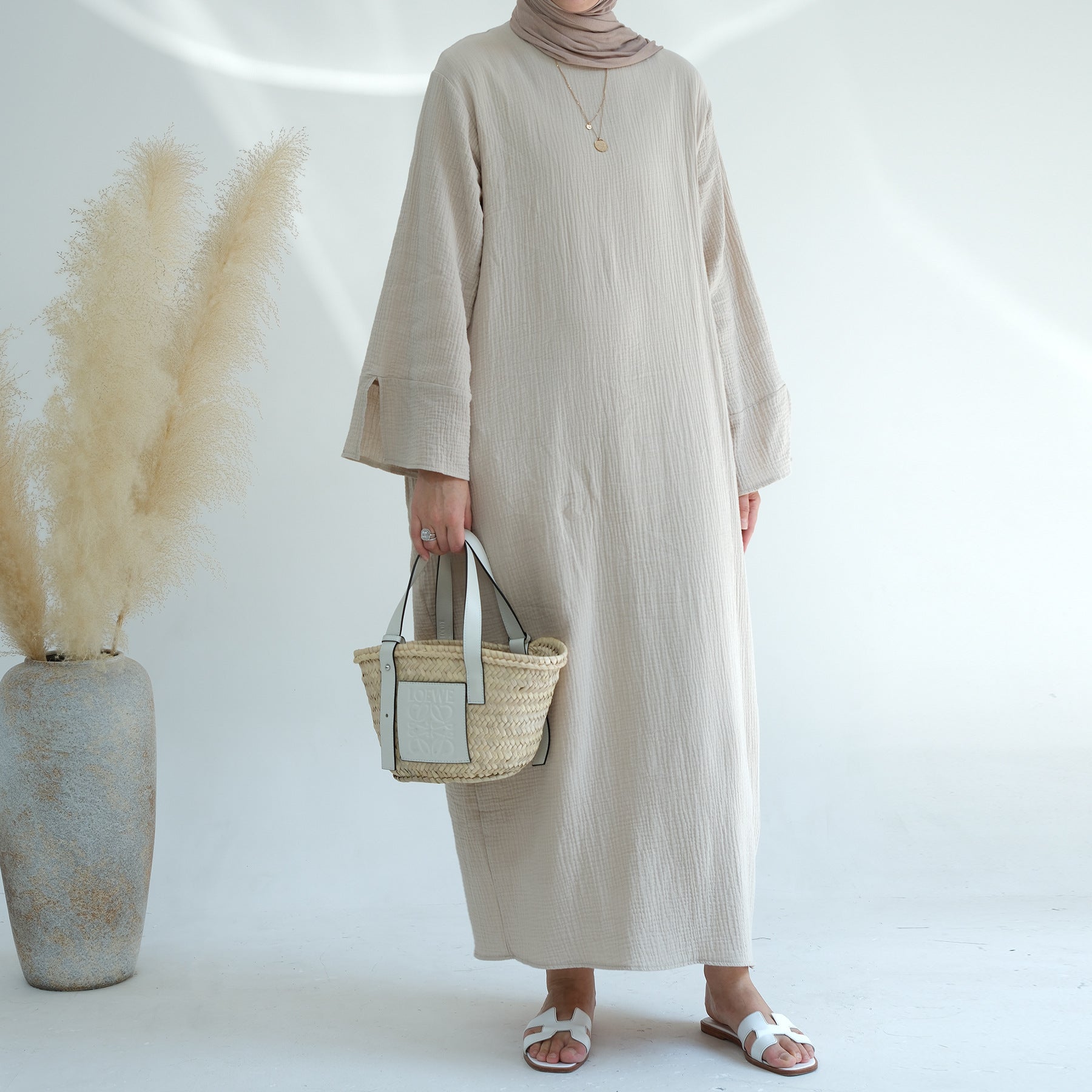 1656#Plain Dress Long Sleeves Women's Cotton Dress with Pockets New Design Abaya