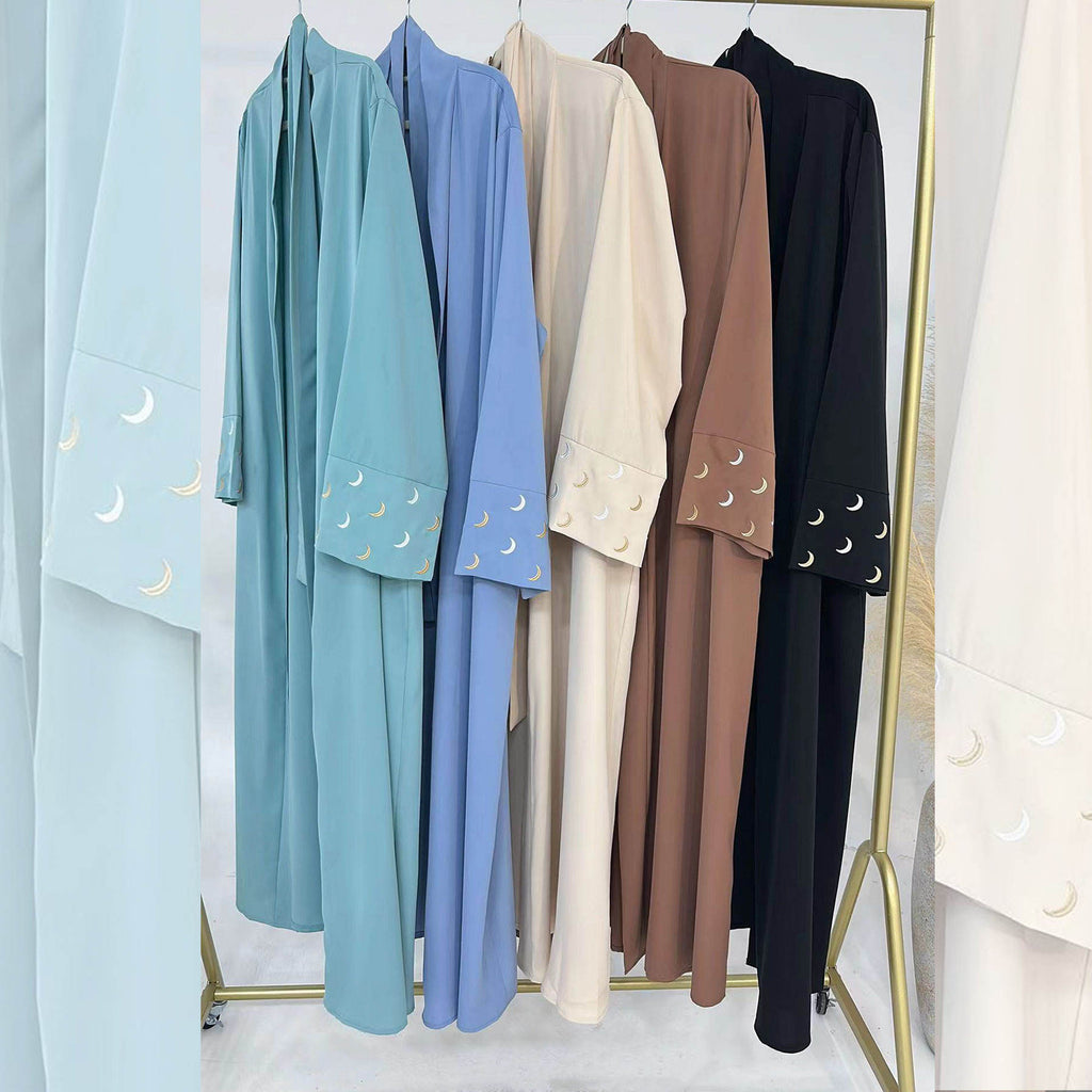 1785#New Arrival Cardigan Muslim Women's Dresses Moon Embroidery EID Linen Abaya