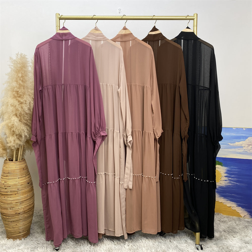 1964#Chiffon open abaya with white pearls tie belt long sleeves dubai abayas 5 colors 的副本