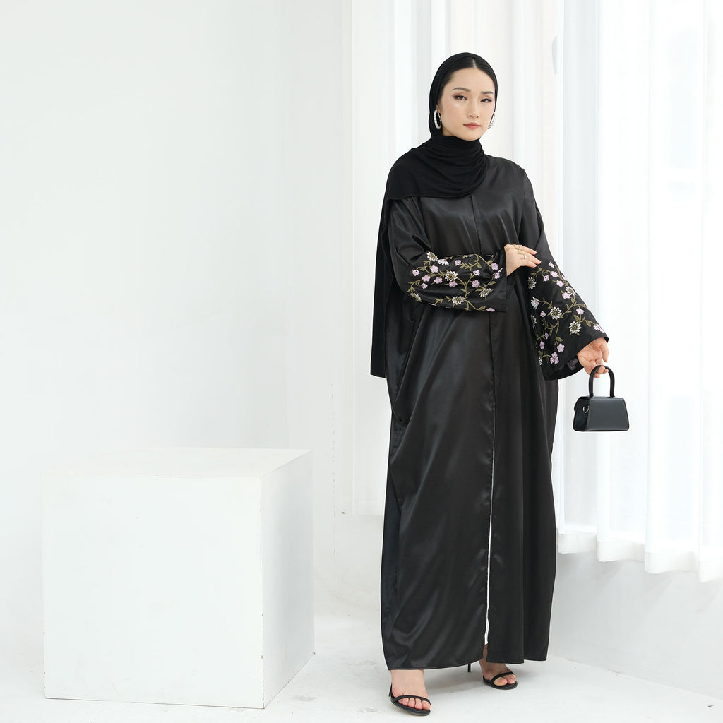 1827#Modest Dresses Black Satin Embroidery Abaya Islamic Clothing Front Open Abaya