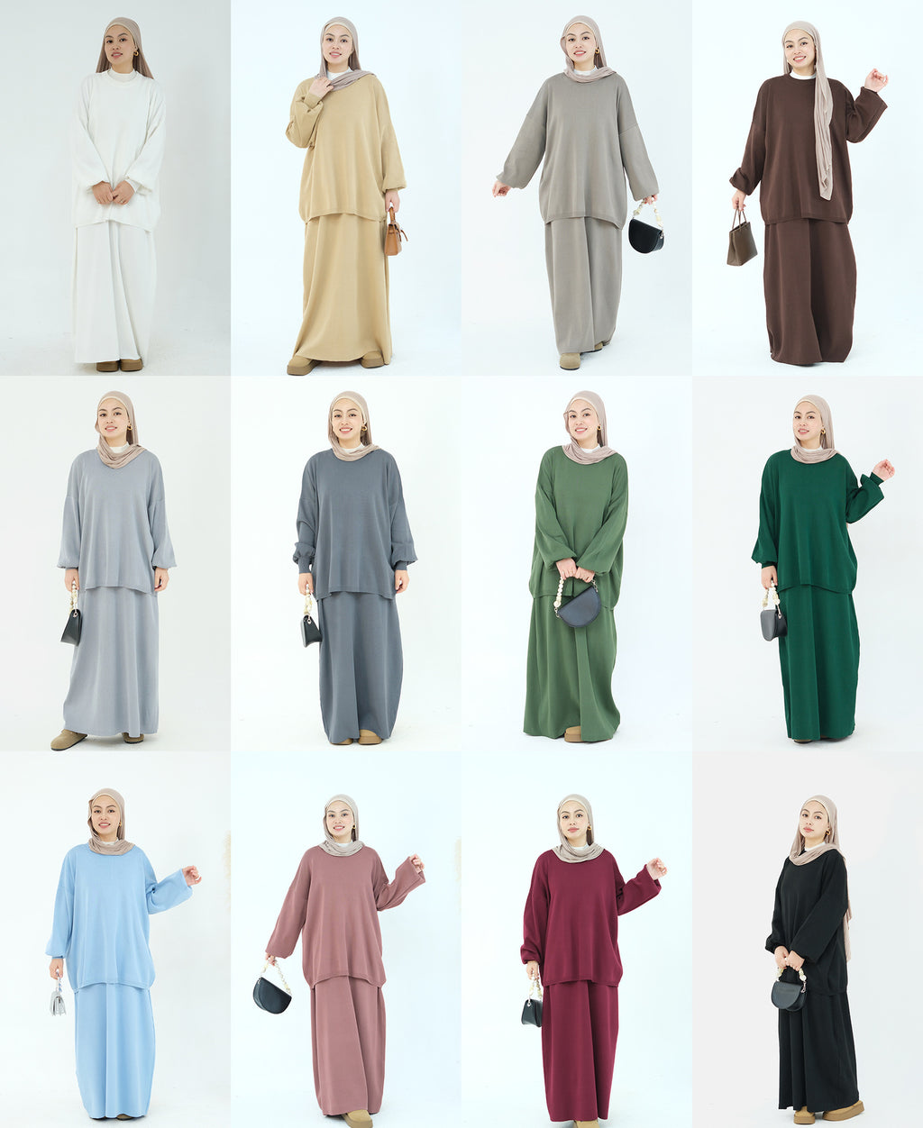 1928#Knit Fabric Solid Color Women's Dress Islamic Clothing Sweater Skirt Set 2pcs Winter Set Abaya