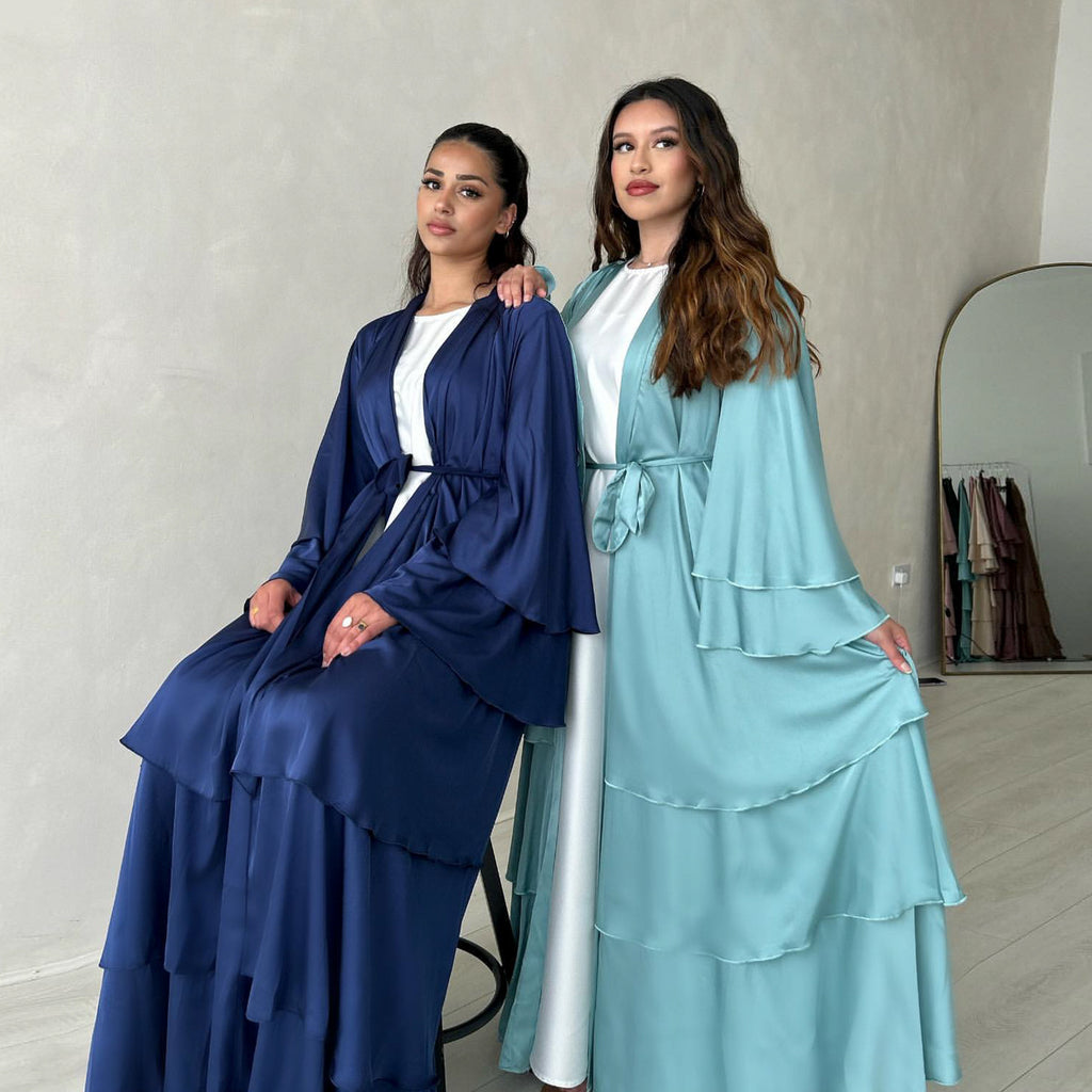 1706#2024 High Quality Satin Silk Open Abaya EID Dubai 3 Layers Abaya Islamic Clothing