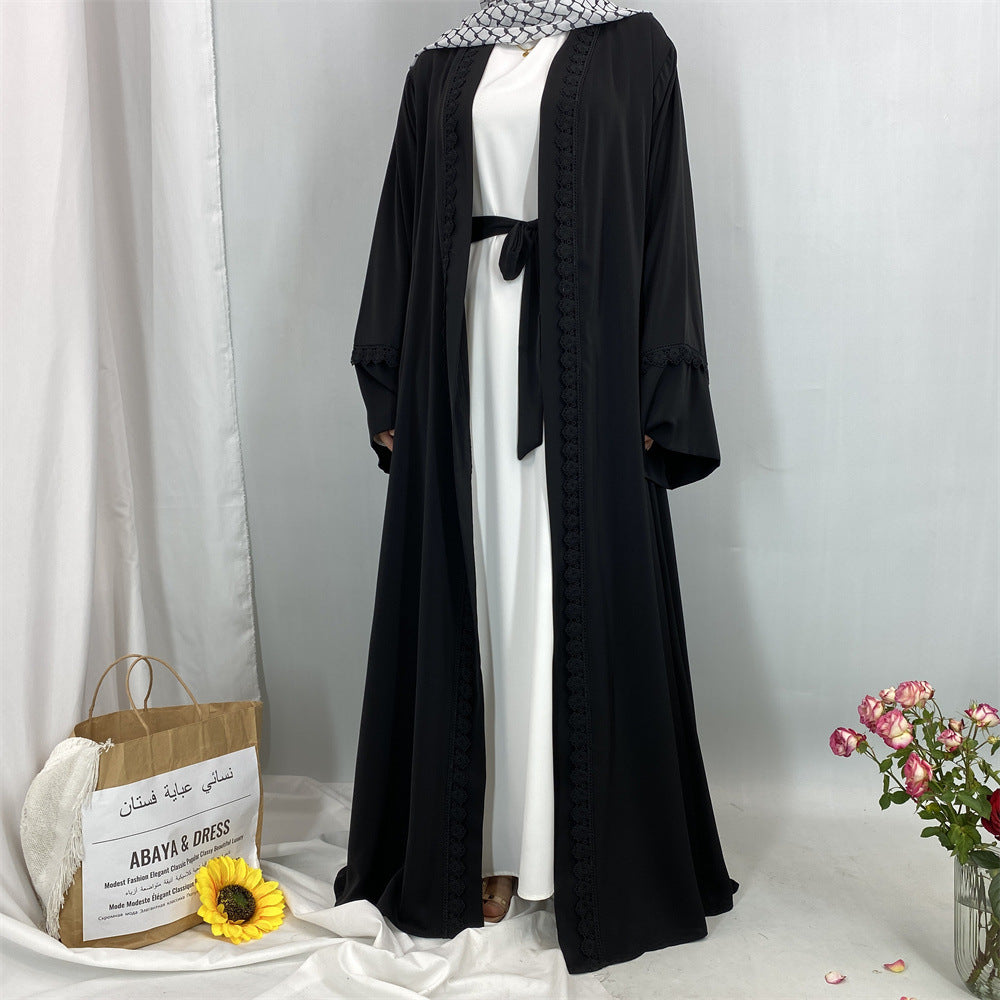 1461#New Arrival Elegant Nida Open Abaya with Matching Floral Lace and Pockets