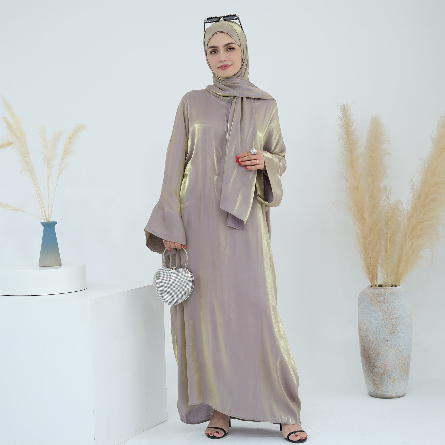 1789# 2024 New Shinny Polyester One Piece Hoodie Abaya Dubai Modest Dress with Attached Hijab