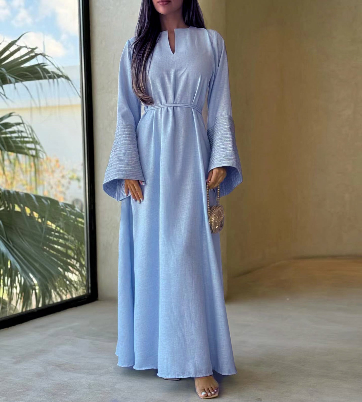 Daily Wear Linen Modest Dresses V Neck Embroidery Sleeves Abaya Women Muslim Dress