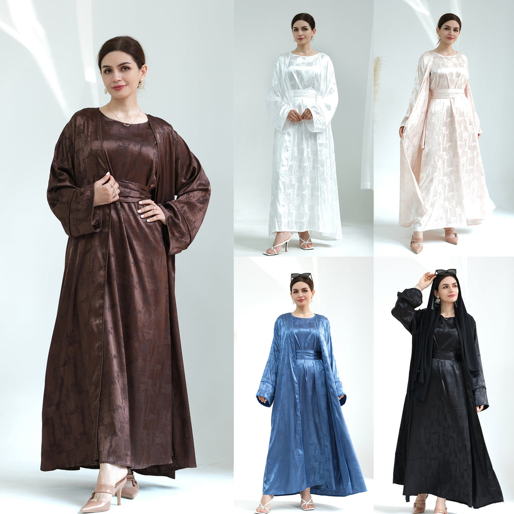 1655#Luxury Muslim Clothing Unique Satin Slip Dress and Open Abaya Set 2 Piece Modest Abaya