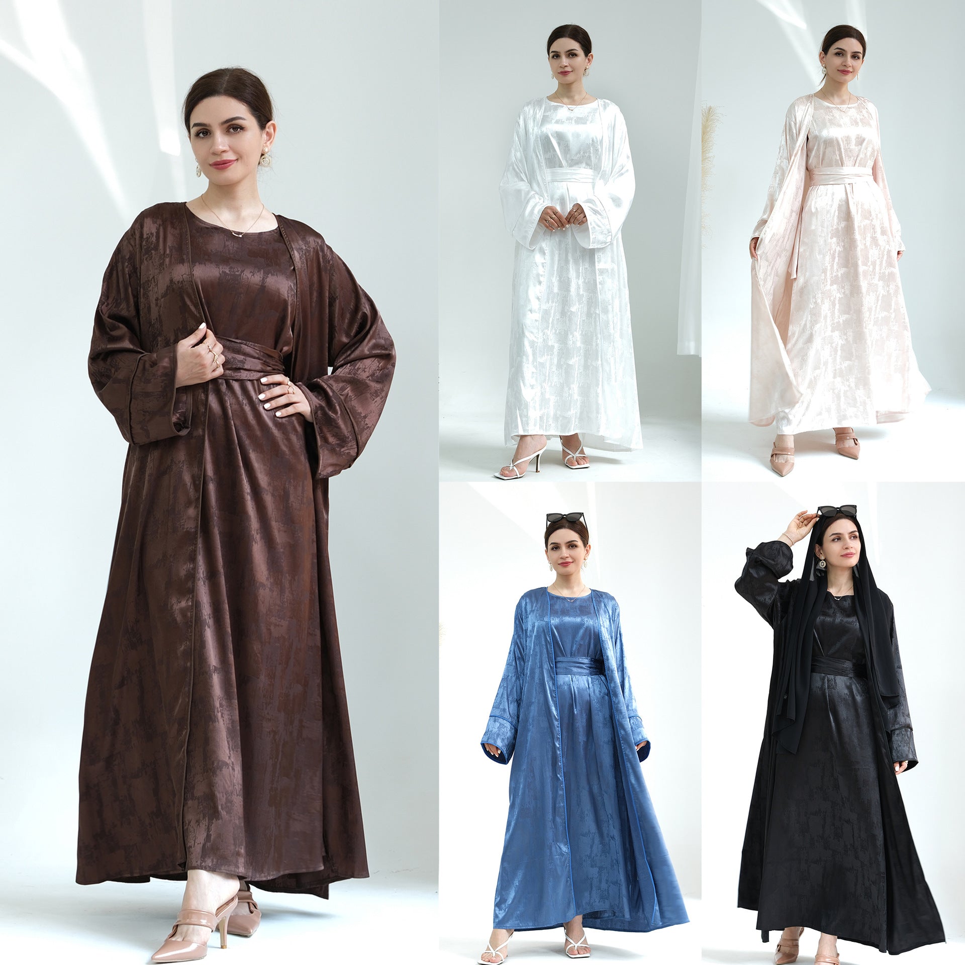 1655#Luxury Muslim Clothing Unique Satin Slip Dress and Open Abaya Set 2 Piece Modest Abaya