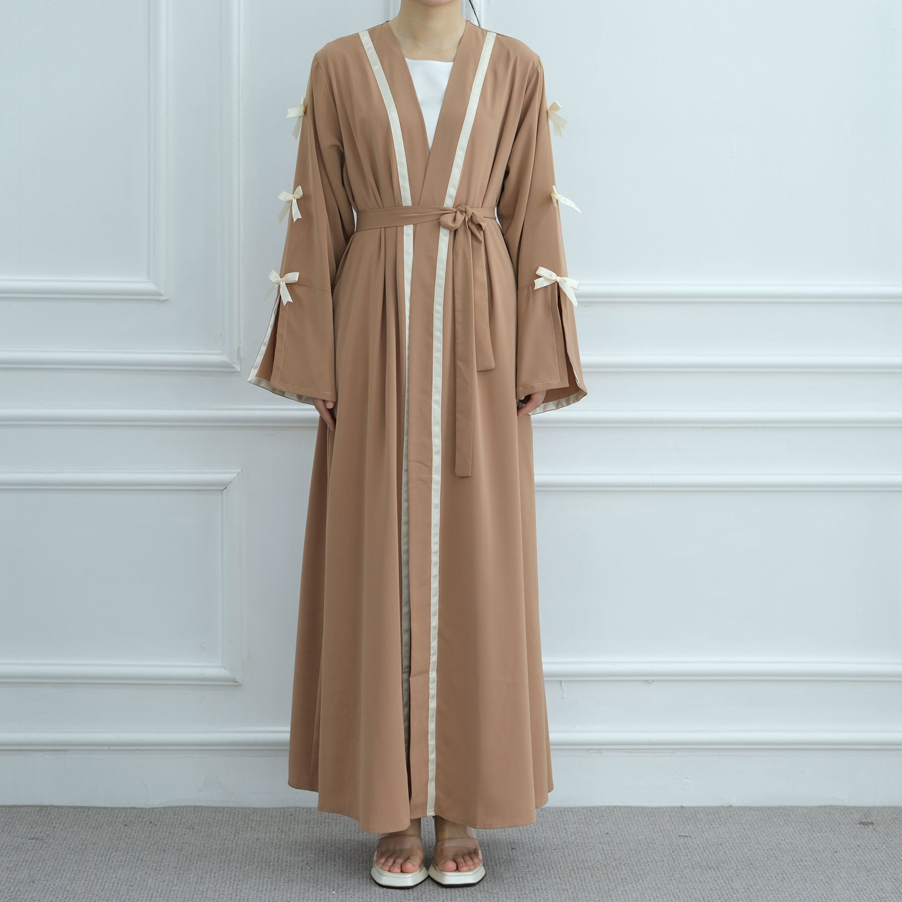 1033#EID Ramadan Modest Muslim Women's Abaya Dress Solid Color Bow Sleeves Cardigan Open Kimono