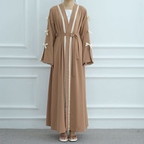 1033#EID Ramadan Modest Muslim Women's Abaya Dress Solid Color Bow Sleeves Cardigan Open Kimono