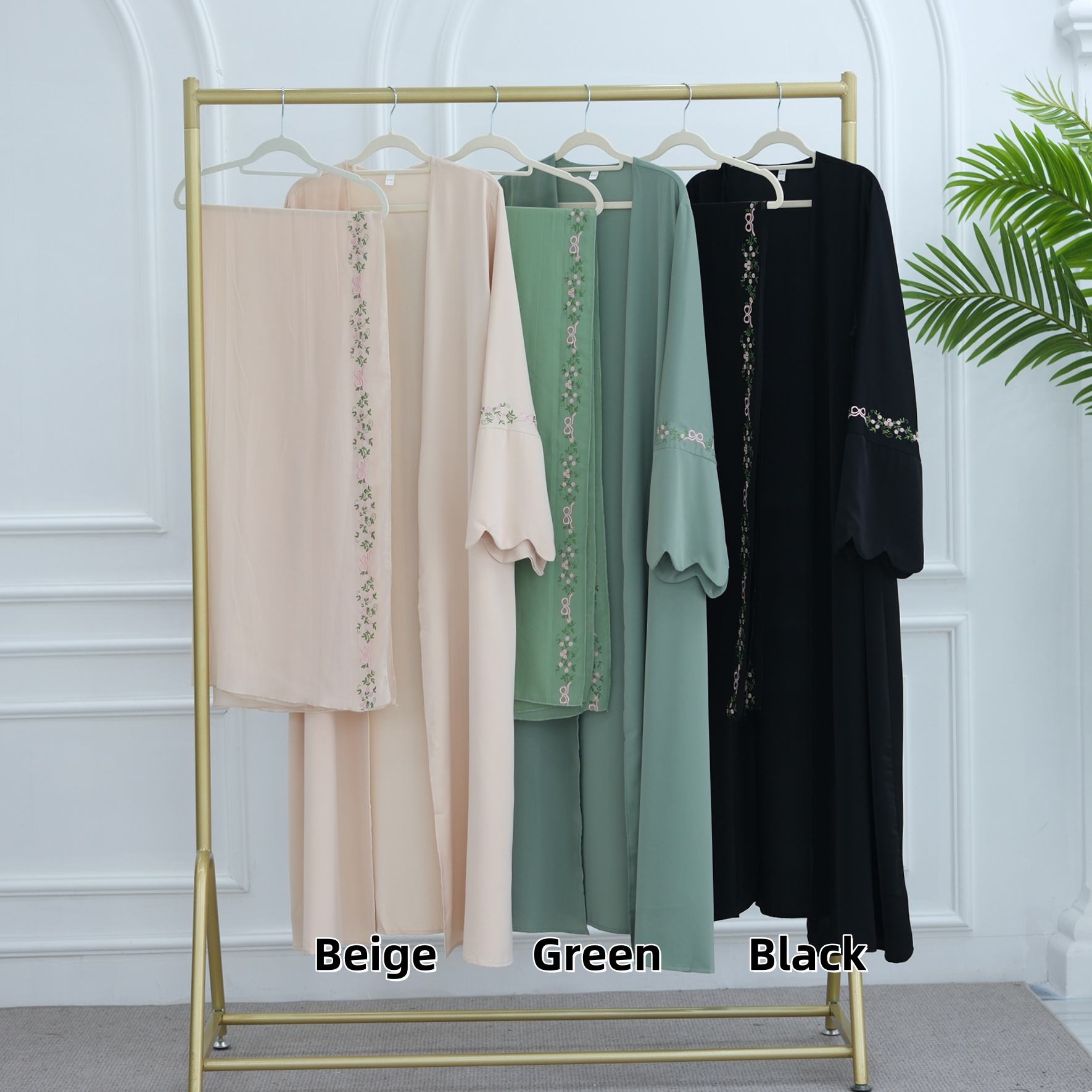 1068#Top Abaya Manufacturers Islamic Clothing Dubai Abaya and Hijab Embroidery Sleeves 2pcs Set Summer Modest Open Abaya